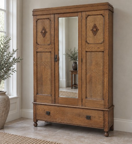 Edwardian carved oak wardrobe - edwardian,